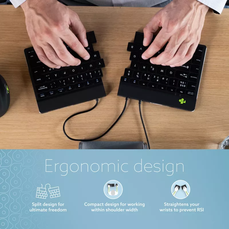 Ergonominė klaviatūra R-Go Tools Split Break v2 su pertraukų programine įranga, išskirta ergonomiška klaviatūra, QWERTY (US), laidinė, juoda