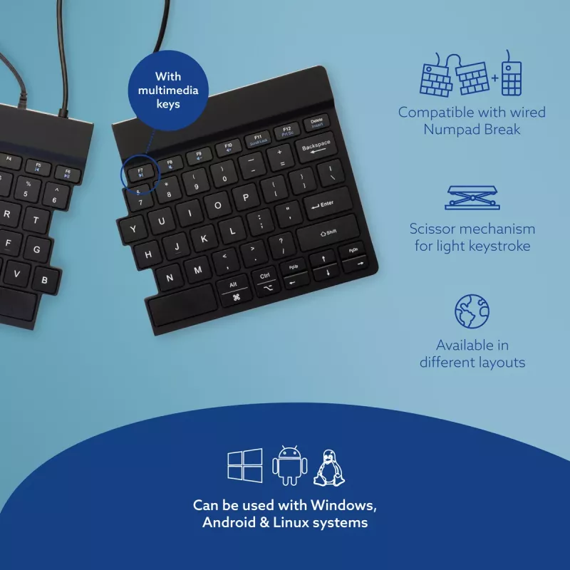 Ergonominė klaviatūra R-Go Tools Split Break v2 su pertraukų programine įranga, išskirta ergonomiška klaviatūra, QWERTY (US), laidinė, juoda