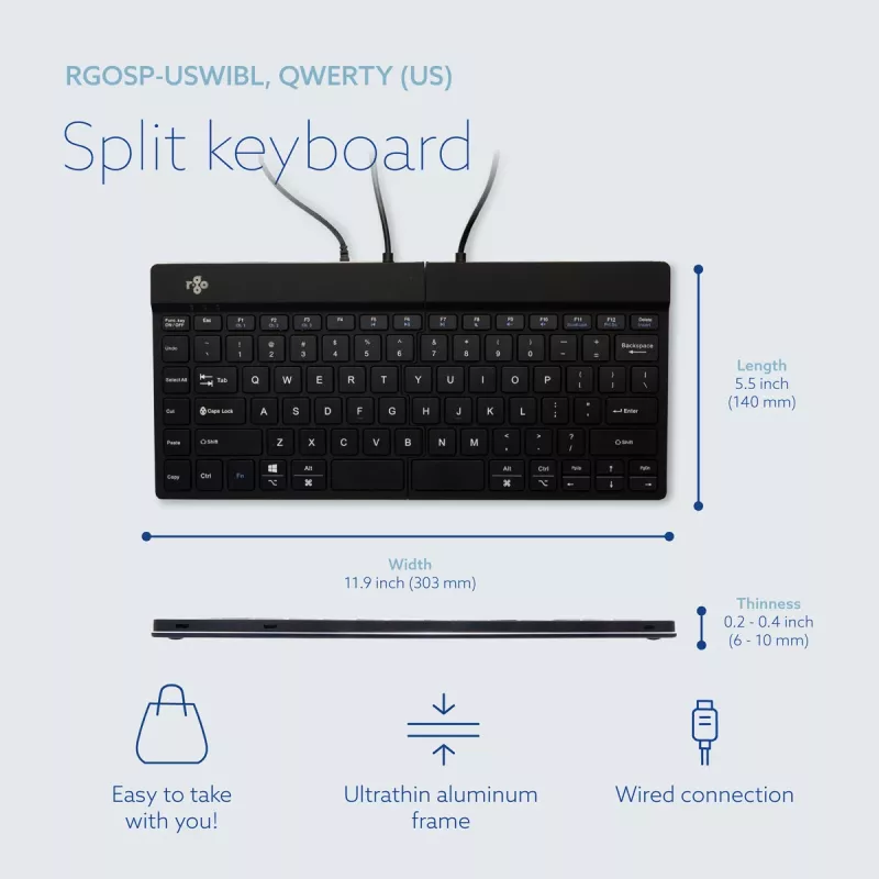 Ergonominė klaviatūra R-Go Tools Split Break v2 su pertraukų programine įranga, išskirta ergonomiška klaviatūra, QWERTY (US), laidinė, juoda