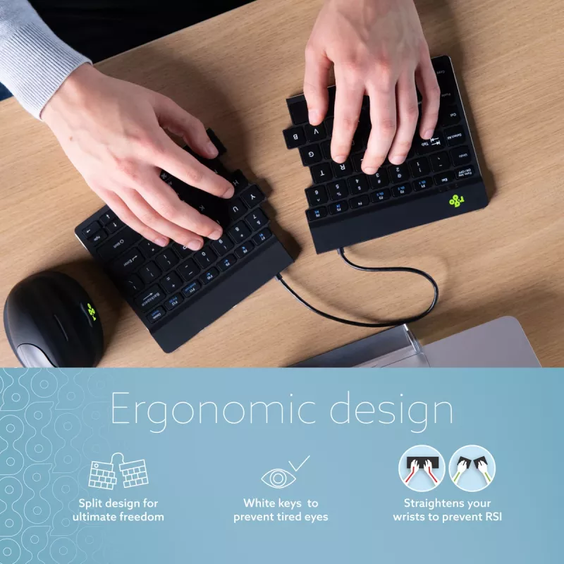 Ergonominė klaviatūra R-Go Split Break su pertraukų programine įranga, išskirta klaviatūra, QWERTY (US), Bluetooth, juoda