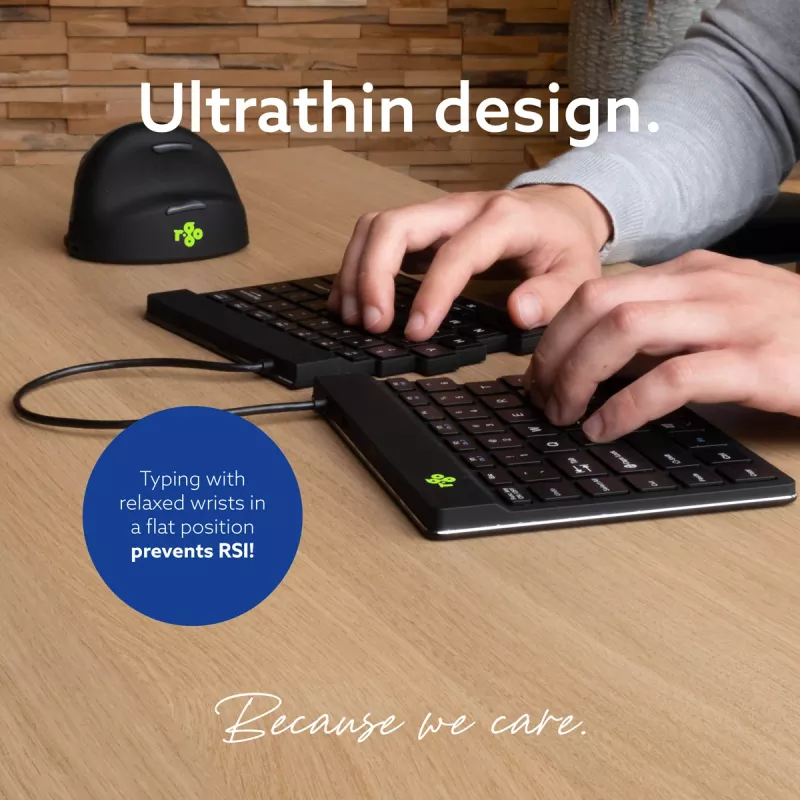 Ergonominė klaviatūra R-Go Split Break su pertraukų programine įranga, išskirta klaviatūra, QWERTY (US), Bluetooth, juoda