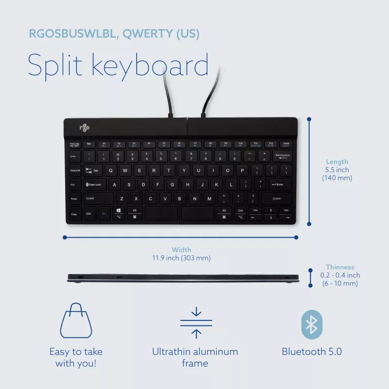 Ergonominė klaviatūra R-Go Split Break su pertraukų programine įranga, išskirta klaviatūra, QWERTY (US), Bluetooth, juoda