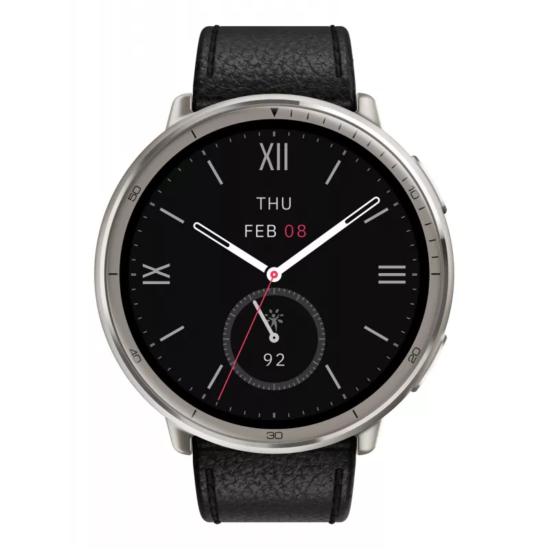 Amazfit Active 2 Premium 44 mm išmanusis laikrodis su juodu odiniu dirželiu (W2433EU1N)
