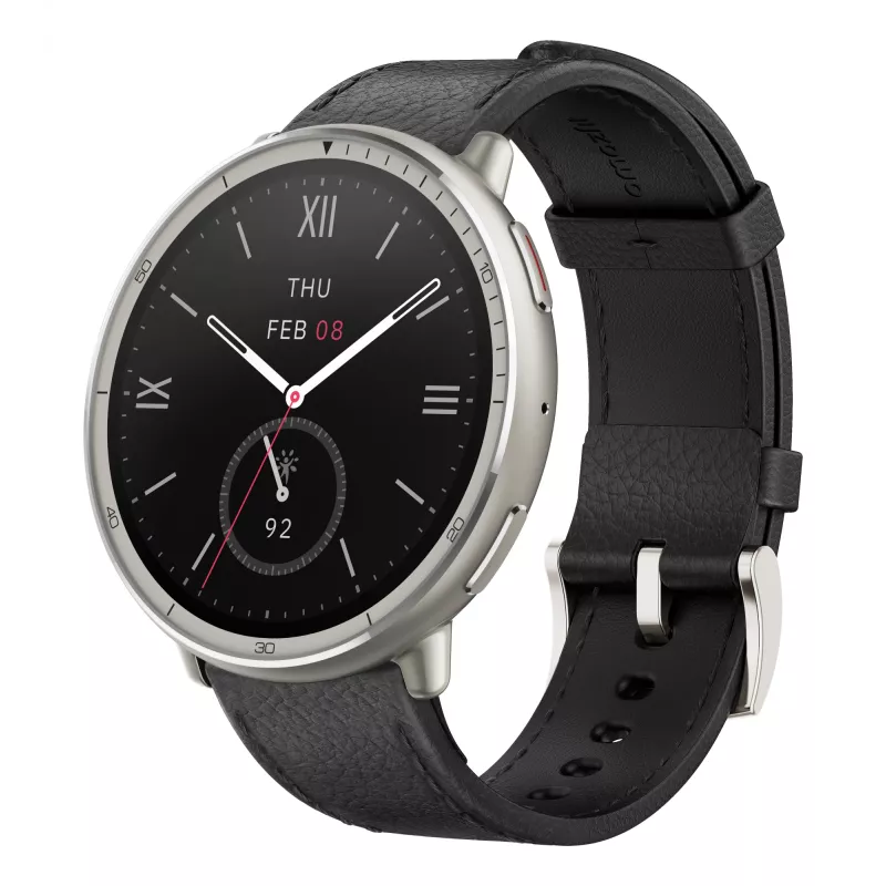 Amazfit Active 2 Premium 44 mm išmanusis laikrodis su juodu odiniu dirželiu (W2433EU1N)