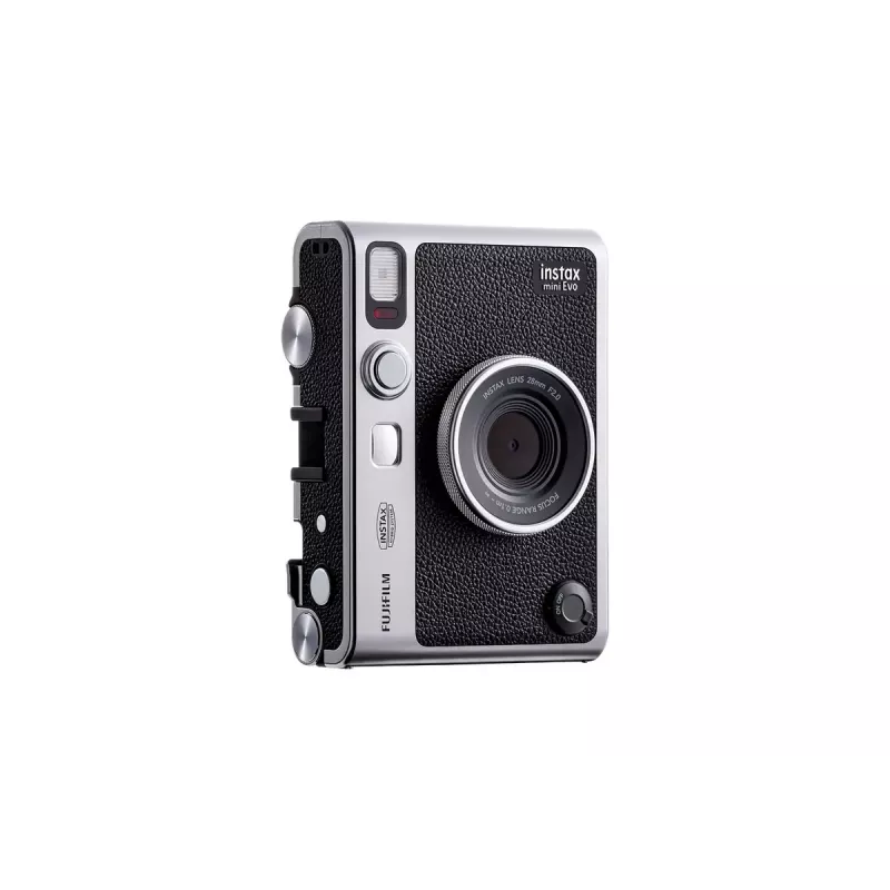 Momentinio spausdinimo fotoaparatas Fujifilm Instax Mini Evo — 1/5 colio CMOS 2560×1920, 3 colių TFT, 1/8000–0,25 s užraktas, įmontuota blykstė, 285 g, sidabrinis/juodas