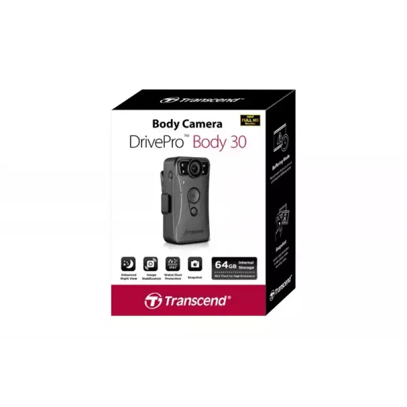 Veiksmo kamera TRANSCEND DrivePro Body 30 – Full HD 1920x1080, 130° objektyvas, 128 GB, Wi-Fi, IP67