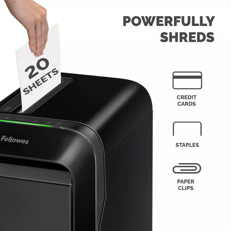 Popieriaus smulkintuvas Fellowes LX Series Powershred LX220, mini pjūvis 4x12 mm, 20 lapų, 30 l, 65 dB, juodas