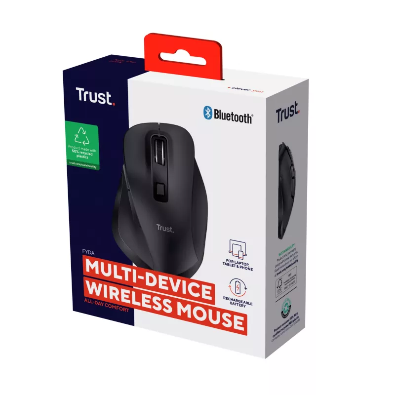 TRUST Fyda Office belaidė dešiniarankė pelė – RF + Bluetooth, optinė 2400 DPI, 6 mygtukai, juoda