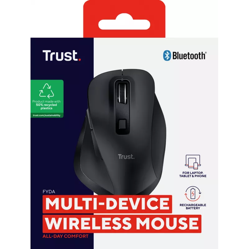 TRUST Fyda Office belaidė dešiniarankė pelė – RF + Bluetooth, optinė 2400 DPI, 6 mygtukai, juoda