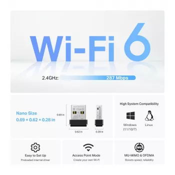 Belaidis USB adapteris TP‑Link Archer TX1U Nano Wi‑Fi 6 (IEEE 802.11ax) Dual‑Bandom 2,4/5 GHz, 287 Mbit/s, Bluetooth, USB 2.0, juodas