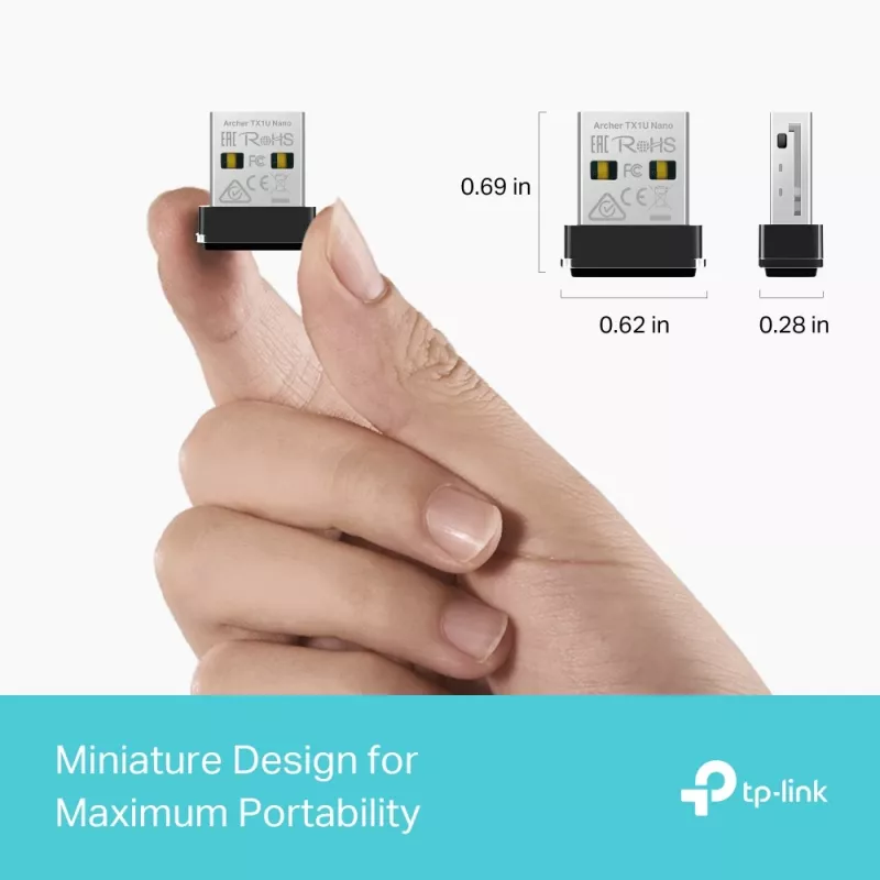 Belaidis USB adapteris TP‑Link Archer TX1U Nano Wi‑Fi 6 (IEEE 802.11ax) Dual‑Bandom 2,4/5 GHz, 287 Mbit/s, Bluetooth, USB 2.0, juodas