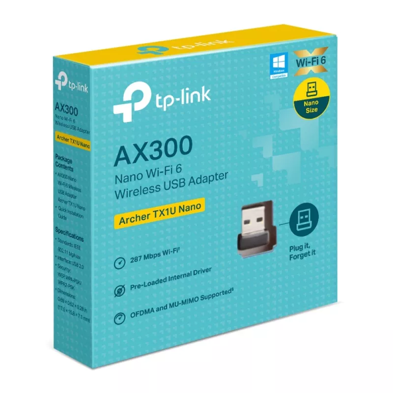 Belaidis USB adapteris TP‑Link Archer TX1U Nano Wi‑Fi 6 (IEEE 802.11ax) Dual‑Bandom 2,4/5 GHz, 287 Mbit/s, Bluetooth, USB 2.0, juodas