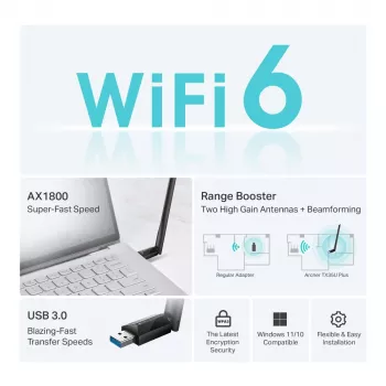 Belaidis USB Wi‑Fi adapteris TP‑LINK Archer TX35U PLUS — Wi‑Fi 6 dviejų juostų 1201 Mbit/s, USB maitinamas, juodas