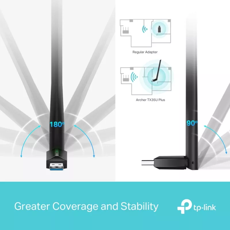 Belaidis USB Wi‑Fi adapteris TP‑LINK Archer TX35U PLUS — Wi‑Fi 6 dviejų juostų 1201 Mbit/s, USB maitinamas, juodas