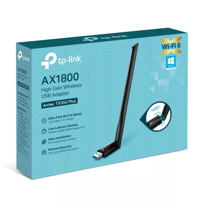 Belaidis USB Wi‑Fi adapteris TP‑LINK Archer TX35U PLUS — Wi‑Fi 6 dviejų juostų 1201 Mbit/s, USB maitinamas, juodas