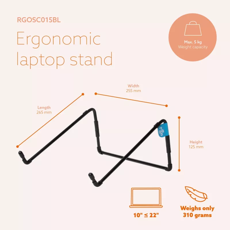 R-Go Tools nešiojamojo kompiuterio stovas R-Go Steel Travel, ergonomiškas ir sulankstomas, tinka 10-22 colių nešiojamam kompiuteriui, juodas