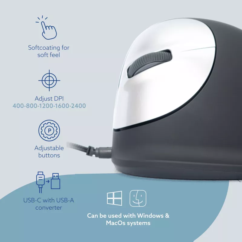 R-Go Tools ergonominė pelė R-Go HE Break su pertraukų programine įranga, didelė (rankos dydis ≥ 185 mm), kairiarankiams, laidinė, juoda