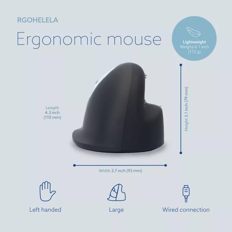 R-Go Tools ergonominė pelė R-Go HE Break su pertraukų programine įranga, didelė (rankos dydis ≥ 185 mm), kairiarankiams, laidinė, juoda