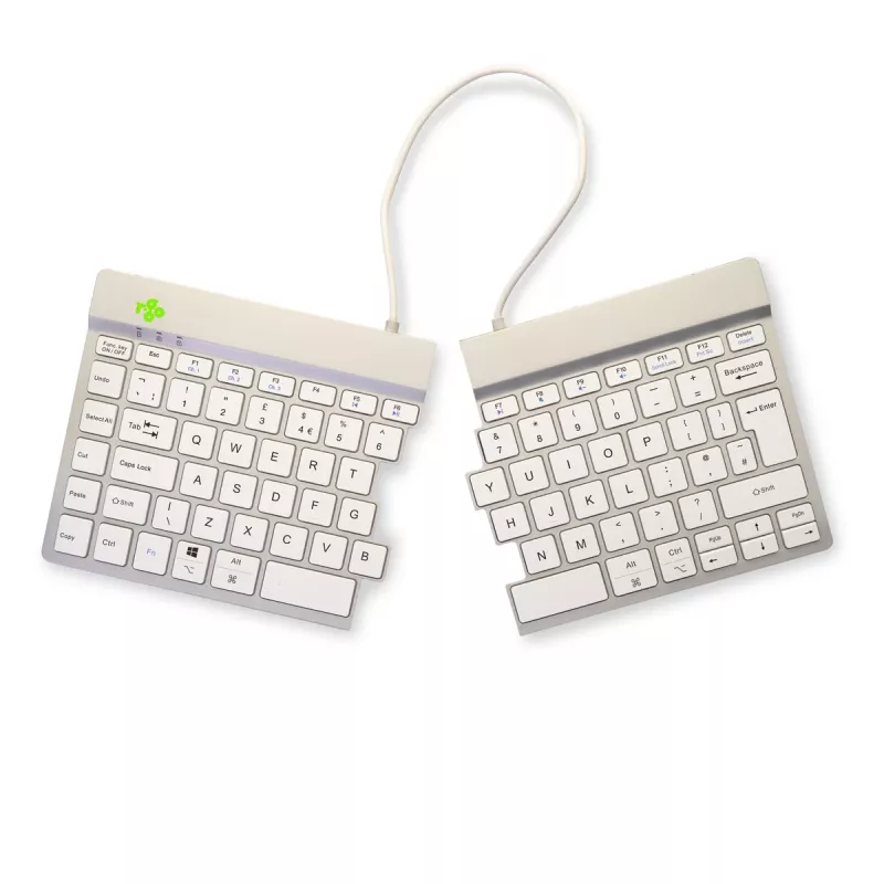 Ergonominė klaviatūra R-Go Split Break su pertraukų programine įranga, išskirta klaviatūra, QWERTY (UK), Bluetooth, balta
