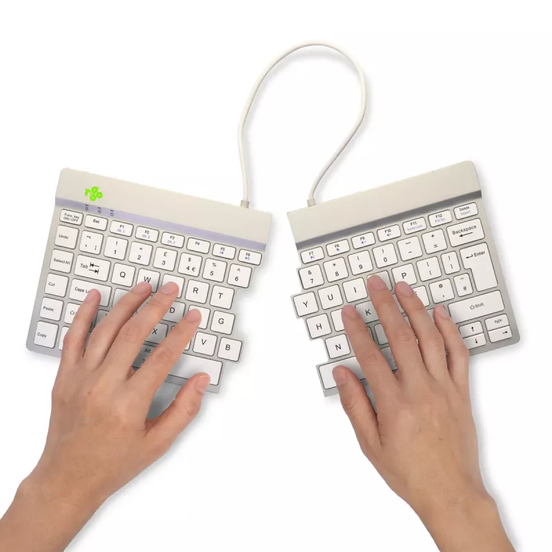 Ergonominė klaviatūra R-Go Split Break su pertraukų programine įranga, išskirta klaviatūra, QWERTY (UK), Bluetooth, balta