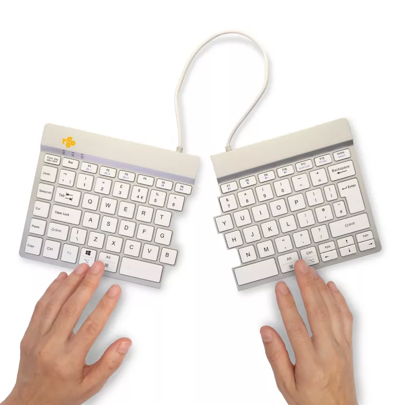 Ergonominė klaviatūra R-Go Split Break su pertraukų programine įranga, išskirta klaviatūra, QWERTY (UK), Bluetooth, balta