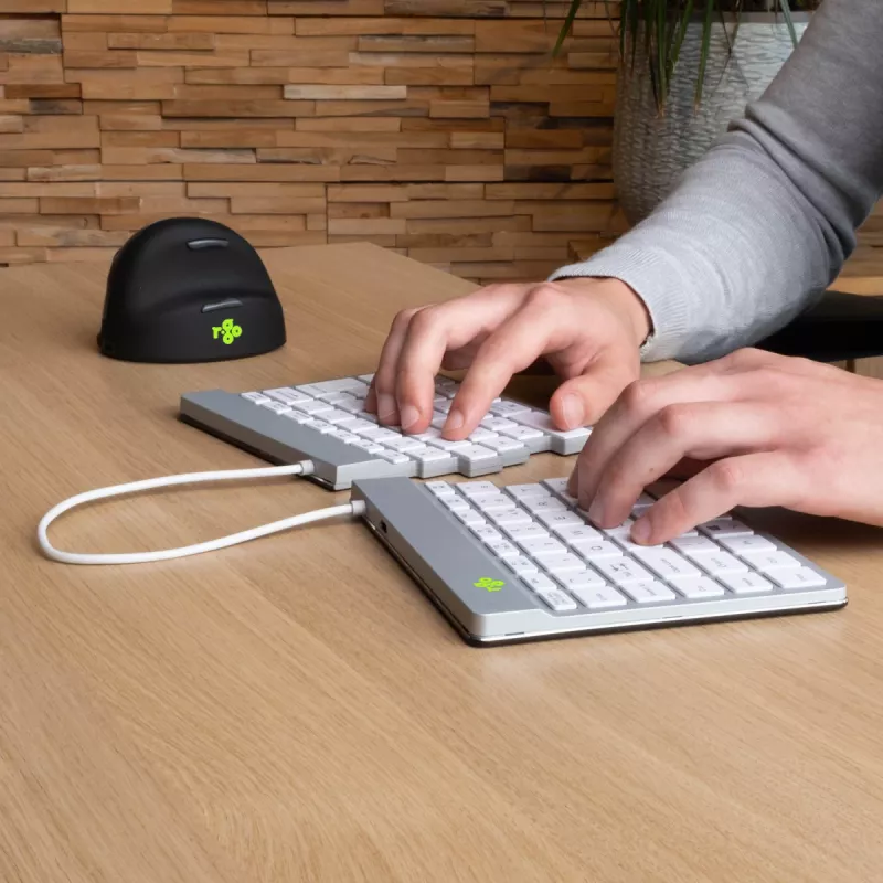 Ergonominė klaviatūra R-Go Split Break su pertraukų programine įranga, išskirta klaviatūra, QWERTY (UK), Bluetooth, balta