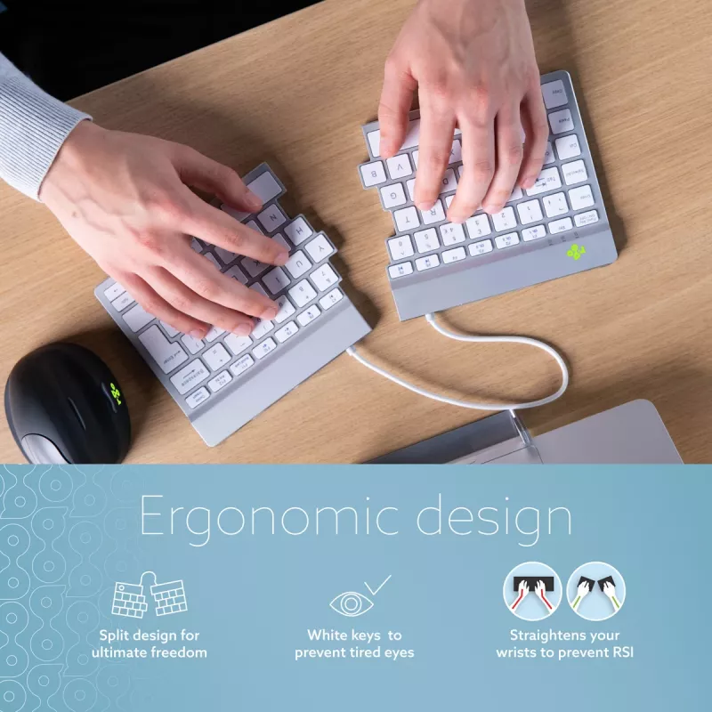 Ergonominė klaviatūra R-Go Split Break su pertraukų programine įranga, išskirta klaviatūra, QWERTY (UK), Bluetooth, balta