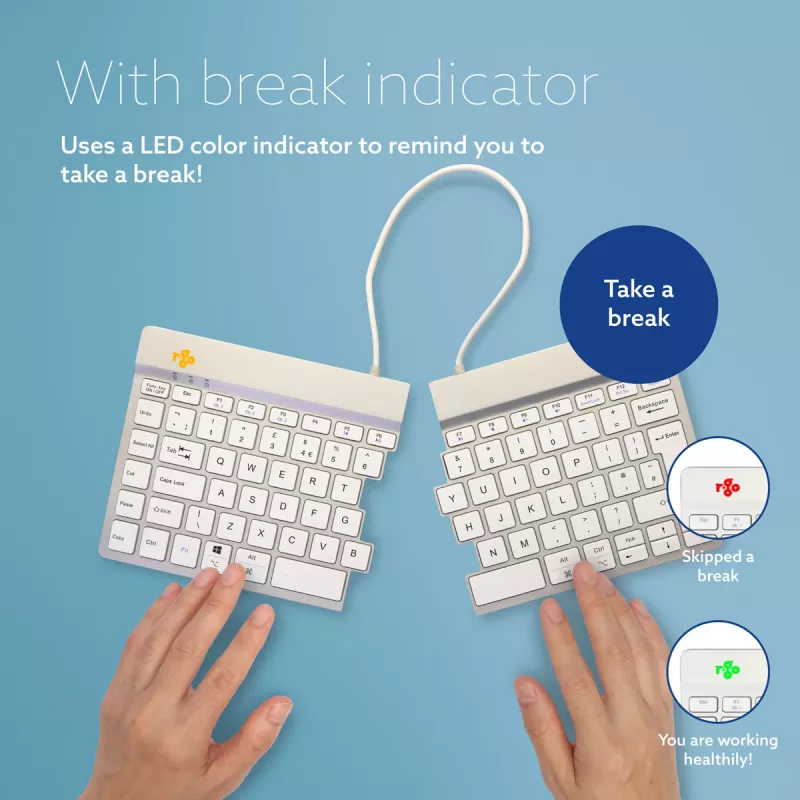 Ergonominė klaviatūra R-Go Split Break su pertraukų programine įranga, išskirta klaviatūra, QWERTY (UK), Bluetooth, balta