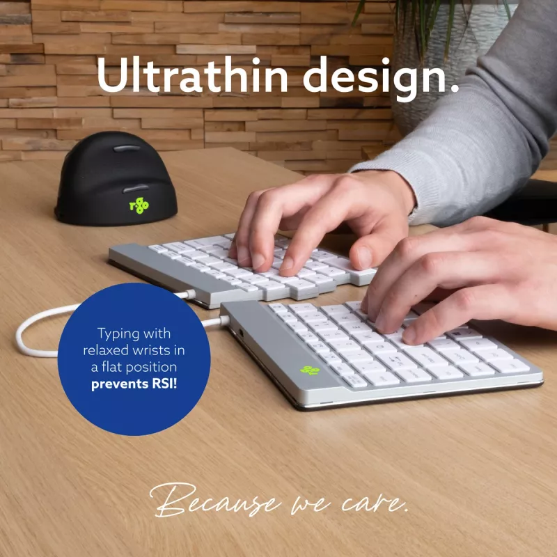 Ergonominė klaviatūra R-Go Split Break su pertraukų programine įranga, išskirta klaviatūra, QWERTY (UK), Bluetooth, balta