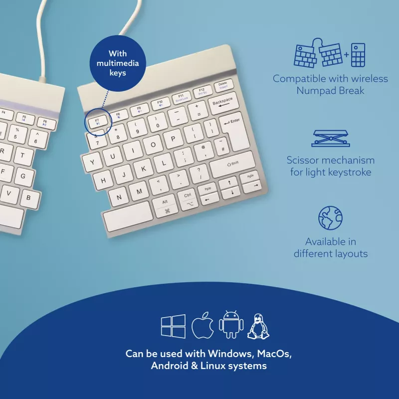 Ergonominė klaviatūra R-Go Split Break su pertraukų programine įranga, išskirta klaviatūra, QWERTY (UK), Bluetooth, balta