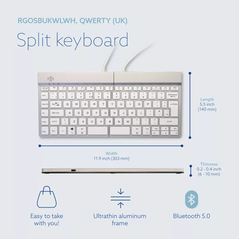Ergonominė klaviatūra R-Go Split Break su pertraukų programine įranga, išskirta klaviatūra, QWERTY (UK), Bluetooth, balta
