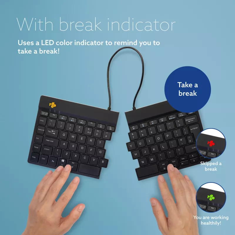 Ergonominė klaviatūra R-Go Split Break su pertraukų programine įranga, išskirta klaviatūra, QWERTY (JK), Bluetooth, juoda