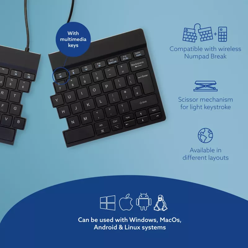 Ergonominė klaviatūra R-Go Split Break su pertraukų programine įranga, išskirta klaviatūra, QWERTY (JK), Bluetooth, juoda