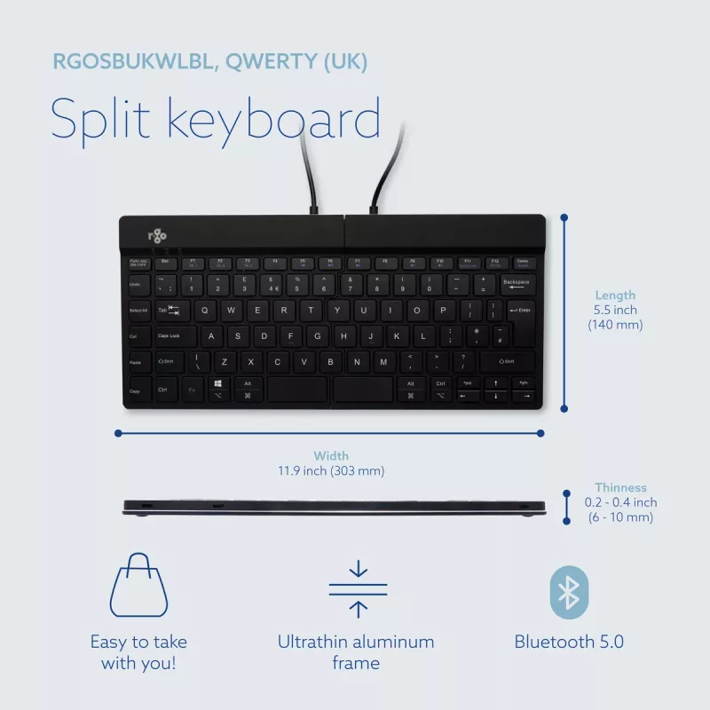 Ergonominė klaviatūra R-Go Split Break su pertraukų programine įranga, išskirta klaviatūra, QWERTY (JK), Bluetooth, juoda
