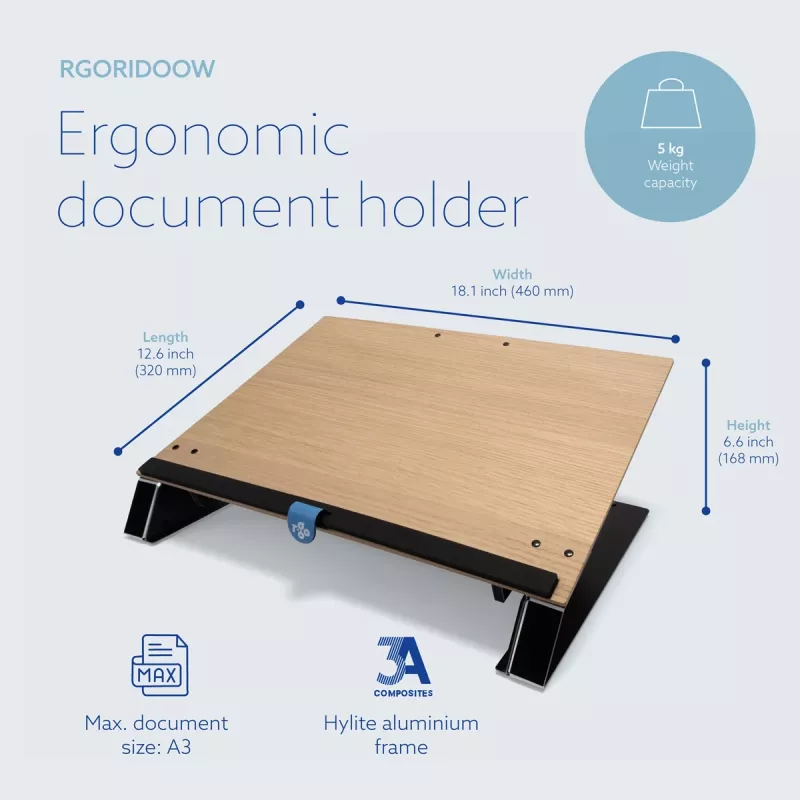 R-Go Tools dokumentų laikiklis R-Go Read2Write, skirtas skaitymui ir rašymui, ergonomiškas, su minkštu putplasčio riešo atramu, ąžuolo mediena