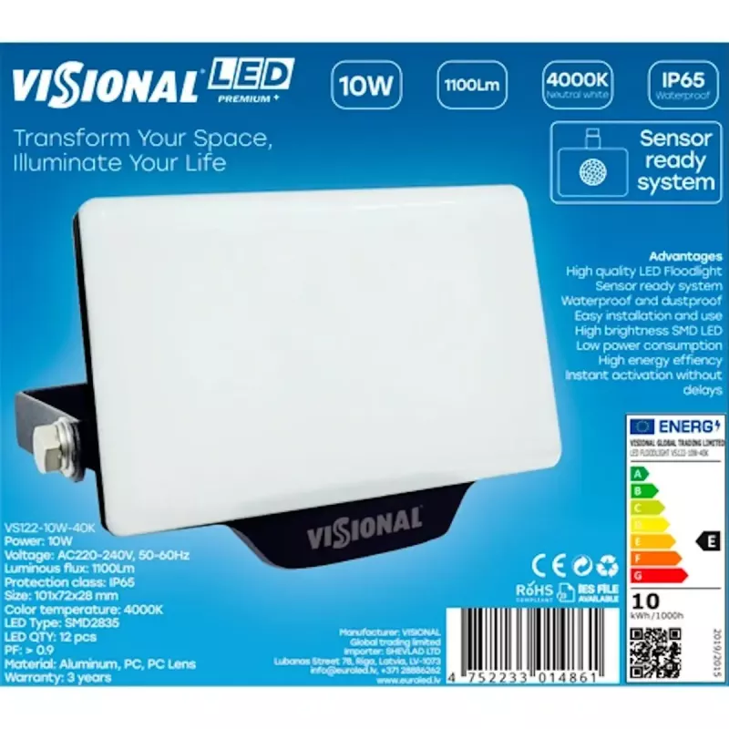 LED sieninis šviestuvas VISIONAL VS122-10W-40K — 10 W, 1100 lm, 4000 K lauko / fasadui