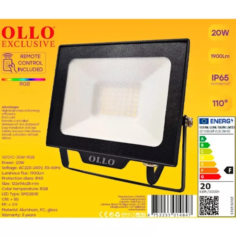 LED lauko prožektorius OLLO VS121C-20W-RGB 20W 1900lm RGB