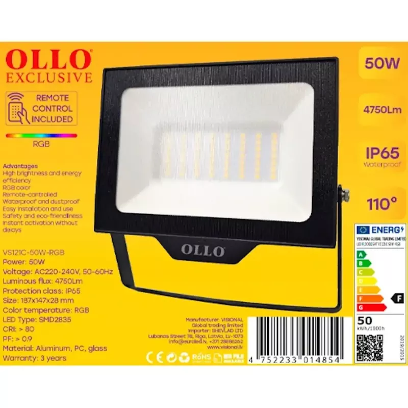 LED lauko prožektorius OLLO VS121C-50W-RGB — 50 W, 4750 lm, RGB