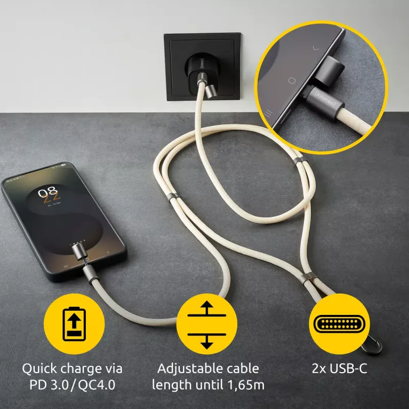 USB-C laidas Intenso Handykette 1,65 m, pintas nailonas, smėlio spalvos