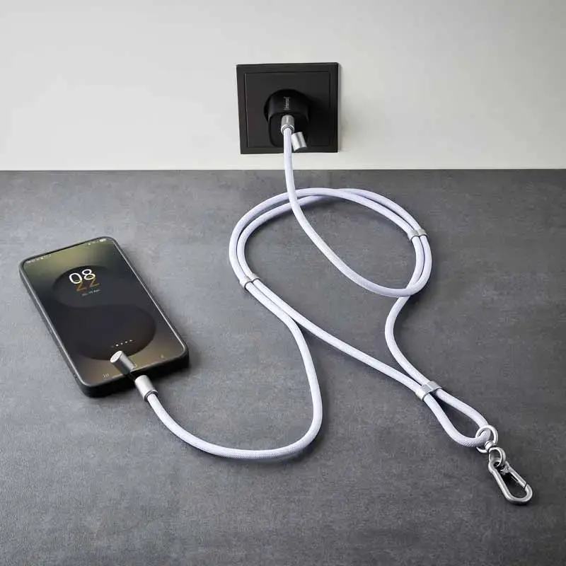 Intenso USB-C įkrovimo dirželis telefonui su laidu 60W greitas įkrovimas reguliuojamas ilgis 1,65m nailonas violetinis