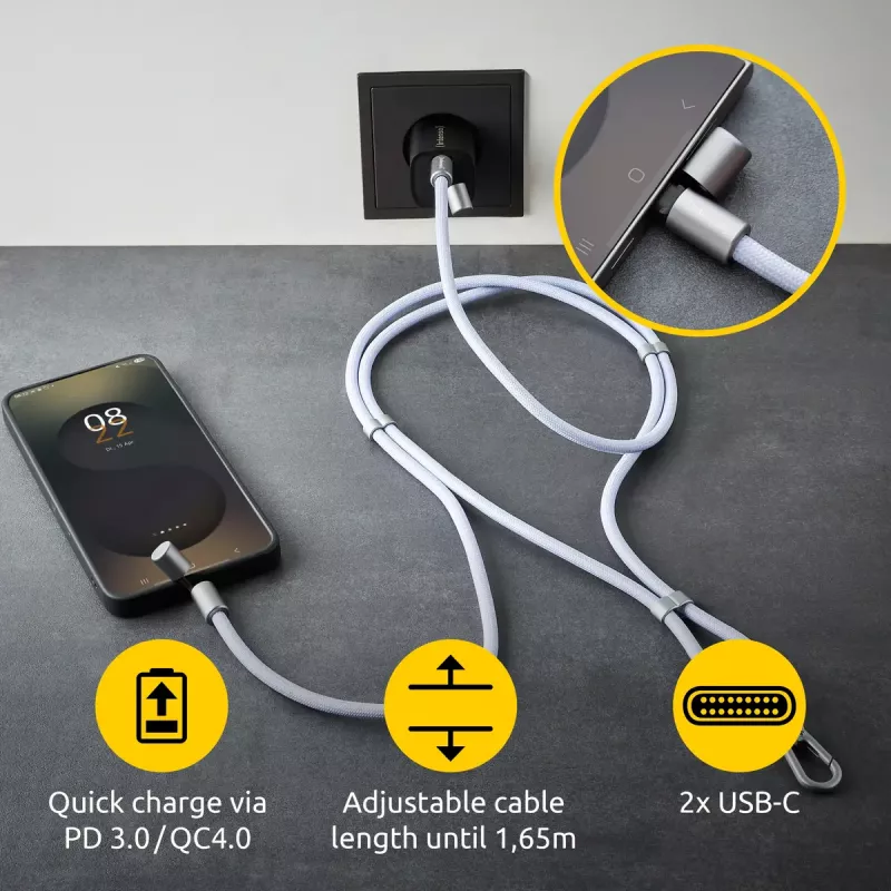 Intenso USB-C įkrovimo dirželis telefonui su laidu 60W greitas įkrovimas reguliuojamas ilgis 1,65m nailonas violetinis