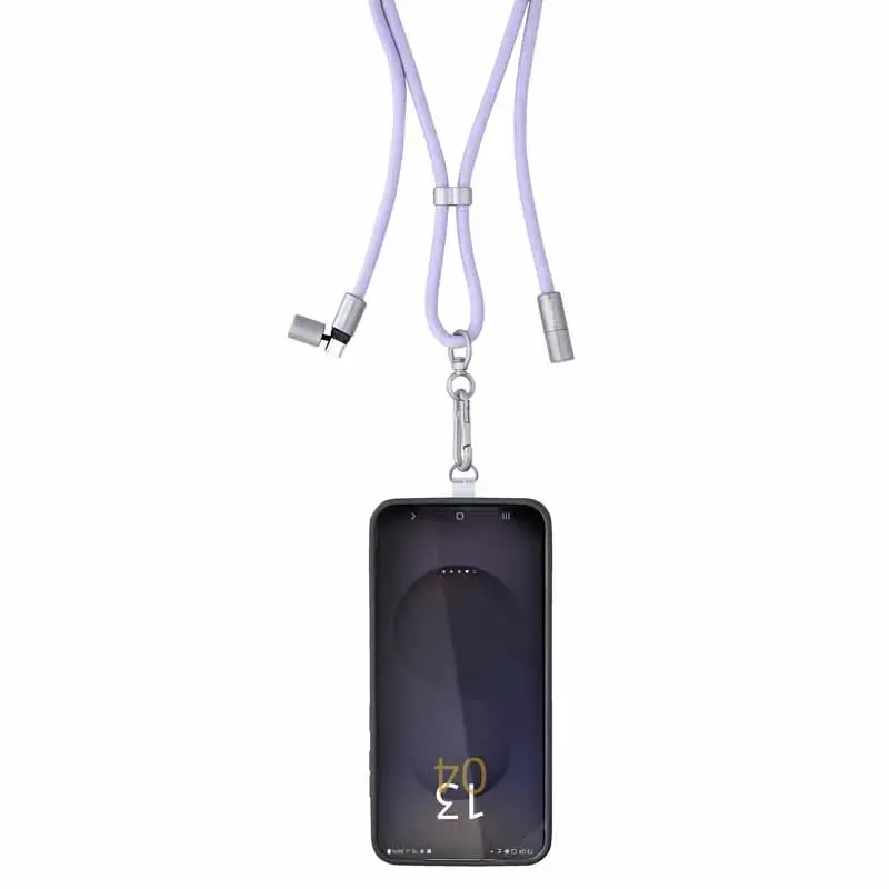 Intenso USB-C įkrovimo dirželis telefonui su laidu 60W greitas įkrovimas reguliuojamas ilgis 1,65m nailonas violetinis