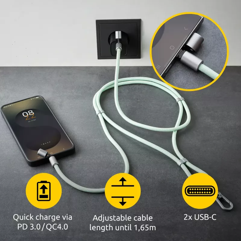 Intenso USB-C įkrovimo dirželis telefonui su laidu 60W greitas įkrovimas, reguliuojamas ilgis 1,65m, nailonas, žalia