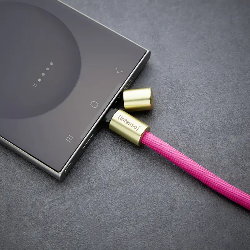 Intenso USB-C krovimo dirželis telefonui neoninė rožinė 60W greitasis krovimas reguliuojamas ilgis 1,65 m nailonas