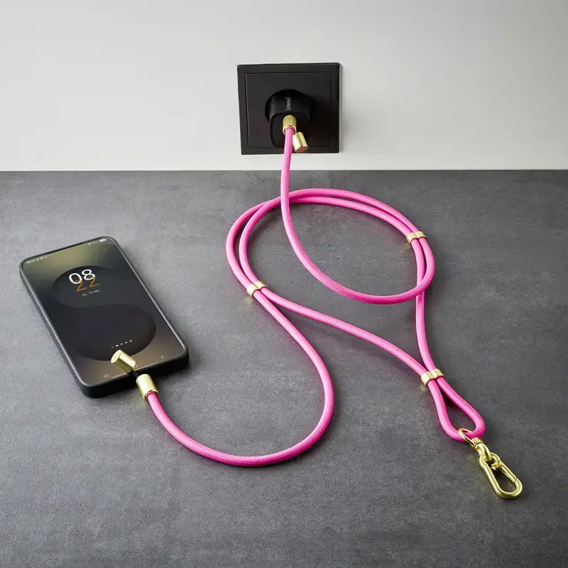 Intenso USB-C krovimo dirželis telefonui neoninė rožinė 60W greitasis krovimas reguliuojamas ilgis 1,65 m nailonas