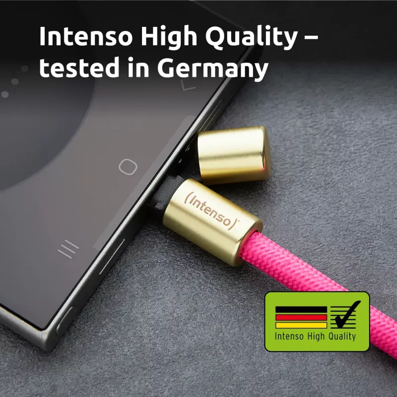 Intenso USB-C krovimo dirželis telefonui neoninė rožinė 60W greitasis krovimas reguliuojamas ilgis 1,65 m nailonas