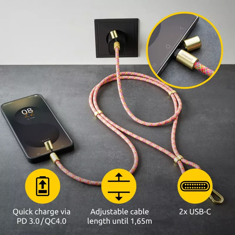 Intenso USB-C pakabinamas telefono laidinis dirželis 60W greitasis įkrovimas reguliuojamas ilgis 1,65m nailonas įvairiaspalvis