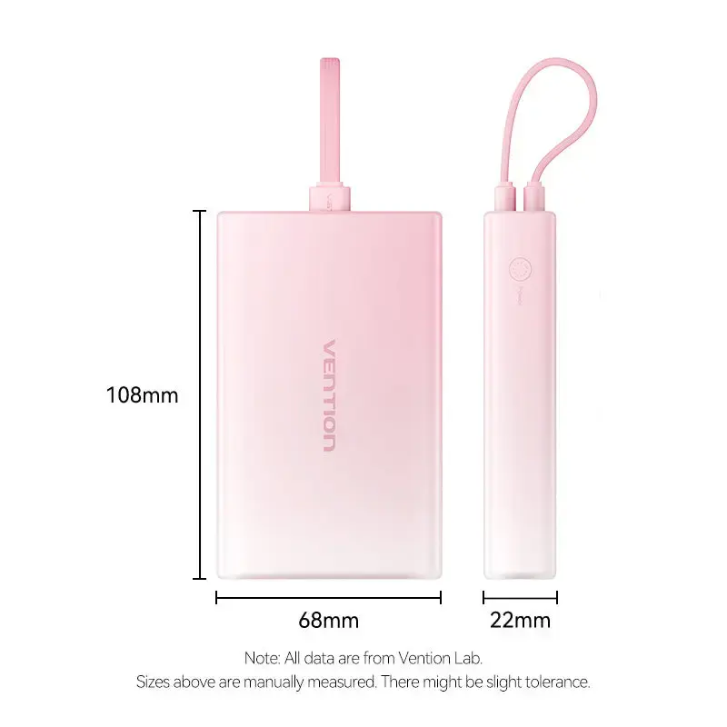 Power Bank Vention 10000mAh (USB-C, Lightning, USB-A) 22.5W LED ekranas Rožinė