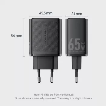 Vention FERW0-EU 65W spartusis sieninis kroviklis nešiojamam kompiuteriui, išmaniajam telefonui, planšetei, išmaniajam laikrodžiui, ausinėms, 2× USB-C, baltas
