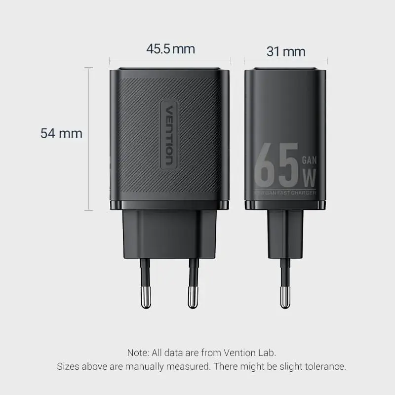 Vention FERW0-EU 65W spartusis sieninis kroviklis nešiojamam kompiuteriui, išmaniajam telefonui, planšetei, išmaniajam laikrodžiui, ausinėms, 2× USB-C, baltas